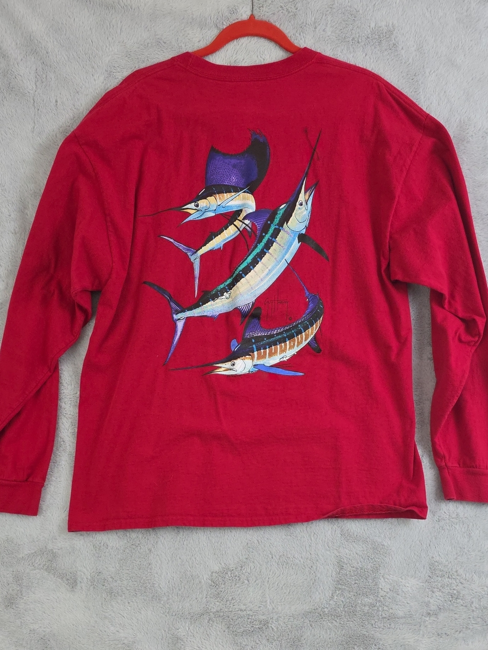 Guy Harvey Marlin Sailfish Long Sleeve Pocket T-Shirt Red Men's XL Fishing Graph - Picture 6 of 10